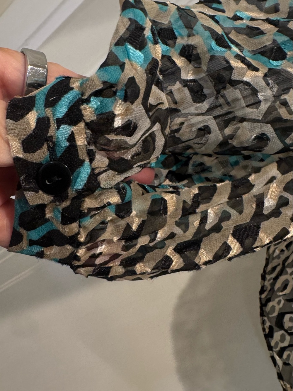 Diane Von Furstenberg Black, Teal & Cream chain link Print Sheer Blouse - Picture 6 of 8